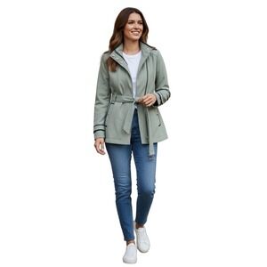 Michael‎ Kors Belted Softshell Jacket Sage Green Zip Hooded Moto Coat Size Small